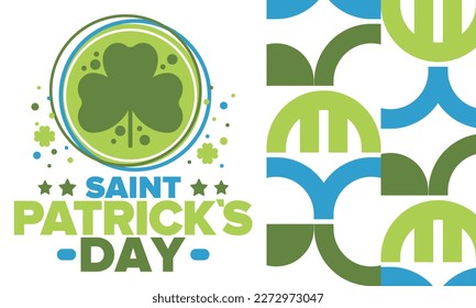 Happy Saint Patricks Day. Traditional irish holiday. Celebrate annual in March 17. Clover and shamrock leaves. Green and orange party design. Ireland color. Poster, card, banner and background. Vector