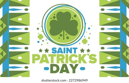 Happy Saint Patricks Day. Traditional irish holiday. Celebrate annual in March 17. Clover and shamrock leaves. Green and orange party design. Ireland color. Poster, card, banner and background. Vector