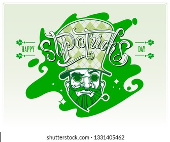 Happy Saint Patricks Day typography icon and leprechaun with beard, green hat and shamrock. Hand sketched celebration quotation for poster, web design, banner, card, postcard, event icon logo, sticker