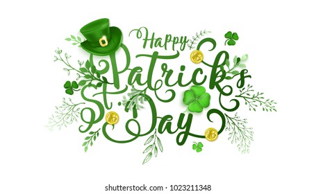 Happy Saint Patrick's Day Vector Illustration with Clover, Shamrock and Leprechaun Hat.