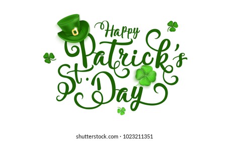 Happy Saint Patrick's Day Vector Illustration with Clover, Shamrock and Leprechaun Hat.