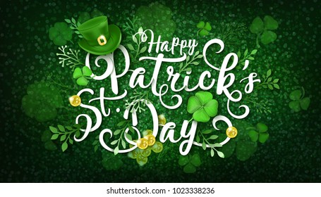 Happy Saint Patrick's Day Vector Illustration with Green Leprechaun Hat, Clower, Shamrock, Gold Coins, Treasures.