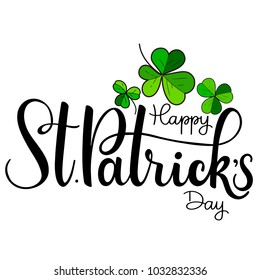 Happy Saint Patrick's Day Vector illustration. Irish celebration design. Festival lettering typography icon. Hand drawn typography badge with shamrock and rainbow.