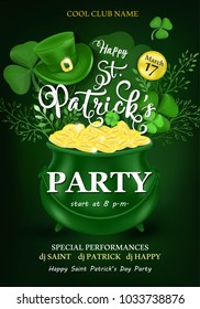 Happy Saint Patrick's Day Vector Illustration with Green Leprechaun Hat, Clower, Shamrock, Gold Coins, Treasures.