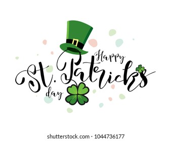 Happy Saint Patrick's Day vector illustration with decorative elements and happy cloverleaf