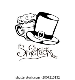 Happy Saint Patrick's day Vector illustration. Graphics Leprechaun's hat, beer glass and hand lettering.