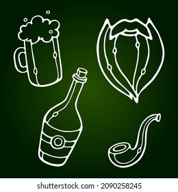 Happy Saint Patrick's Day Vector Set isolated on a green background. White Outline Doodle style.