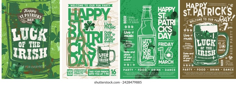 Happy Saint Patrick's Day! Vector illustration of beer, mug, Irish green ale, shamrock, logo, beer bottle hand drawn with chalk on blackboard for poster, flyer or background