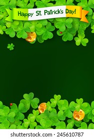 Happy Saint Patrick's Day vector green background with clovers and golden coins