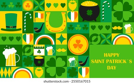 Happy Saint Patricks Day vector horizontal banner with Bauhaus geometric elements including leprechaun hat, smoking pipe, clover, horseshoe, glass of beer, Ireland flag. Vector illustrations