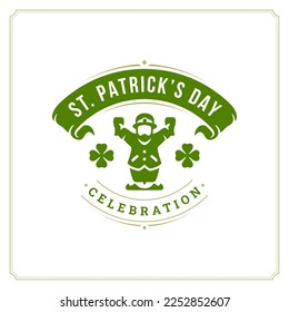 Happy Saint Patrick's Day vintage greeting card leprechaun beer mug typography vector flat illustration. Irish pub bar traditional holiday fairy tale character with alcohol drink green clover ribbon