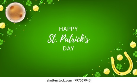 Happy Saint Patrick's Day Web Banner. Top View on Festive Composition with Beer Glass, Horseshoe, Golden Coins and Clover Leaves on Green Background. Vector Illustration with Confetti.