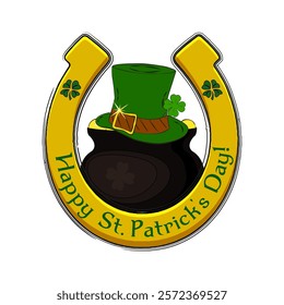 Happy Saint Patrick's Day wishes on gold horseshoe with pot of gold and leprechaun green hat. Design elements for St. Patrick's Day. Isolated on white background. Vector illustration.