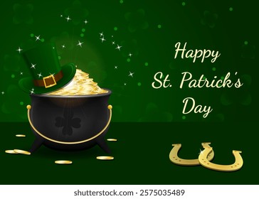 Happy Saint Patrick's Day wishes with pot of gold, leprechaun green hat and golden horseshoes. Background for St. Patrick's Day. Vector illustration.