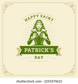 Happy Saint Patrick's Day woman leprechaun with beer Irish holiday vintage greeting card typographic template vector flat illustration. Celtic female bright ribbon ale malt alcohol beverage celebrate