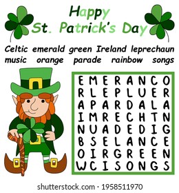 Happy Saint Patrick's Day word search puzzle stock vector illustration. Educational Irish-themed word puzzle for children. Funny activity page with cartoon leprechaun colorful printable page