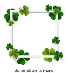 Happy Saint Patrick's vector background, green shamrock leaves and square frame, postcard, vector illustration