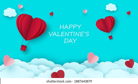 Happy Saint Valentine s day paper cut card.Paper hearts, clouds and flowers.Vector illustration