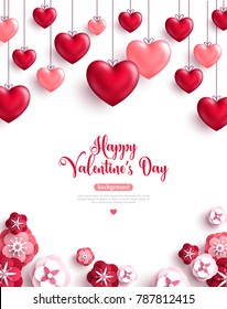 Happy saint valentine's day background with decoration hearts and paper cut rose flowers. Vector illustration.