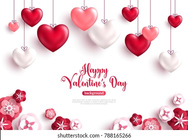 Happy saint Valentine's day background with decoration hearts and paper cut rose flowers. Vector illustration.
