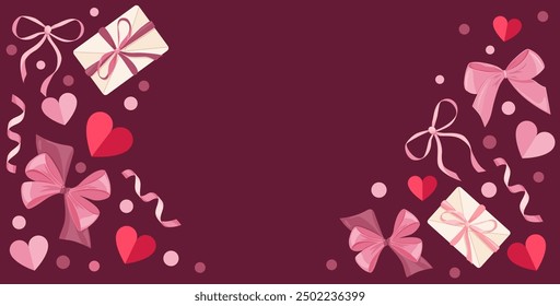 Happy Saint Valentines day banner vector layout with gifts, hearts, pink bows, and ribbons. Valentine Sale Campaign promotion. Vector Valentine illustration for greeting card.