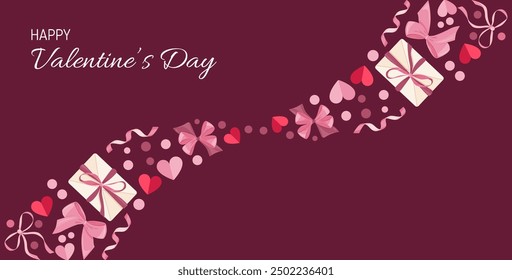 Happy Saint Valentines day banner vector layout with gifts, hearts, pink bows, and ribbons. Valentine Sale Campaign promotion. Vector Valentine illustration for greeting card.