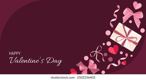 Happy Saint Valentines day banner vector layout with gifts, hearts, pink bows, and ribbons. Valentine Sale Campaign promotion. Vector Valentine illustration for greeting card.