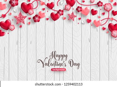 Happy Saint Valentine's Day Card, Horizontal Border Of Holiday Objects On Wooden Background. Glittering Hearts, Star And Flowers