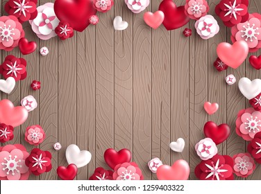 Happy Saint Valentine's day card, frame with holiday objects on brown wooden background. Glittering hearts and paper cut flowers with empty place for text