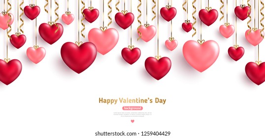 Happy Saint Valentine's day card, hanging pink and red hearts with gold streamers on white background. Place for text.