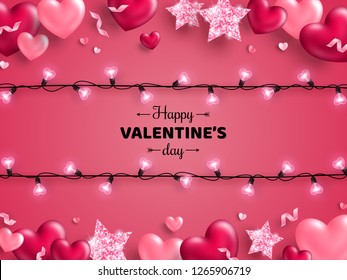 Happy Saint Valentine's day card with light bulbs, confetti and hearts on pink background. Holiday illuminated frame made of garland wire with place for text.