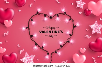 Happy Saint Valentine's day card with light bulbs, confetti and hearts on pink background. Holiday illuminated frame made of garland wire with place for text.