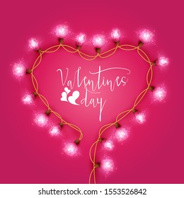 Happy Saint Valentine's day card with heart shaped light bulbs on pink background. Holiday illuminated frame made of garland wire - Vector