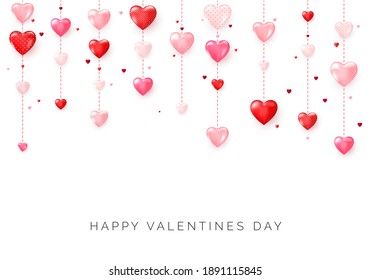 Happy Saint Valentine's day card. Hanging pink and red hearts. Vector