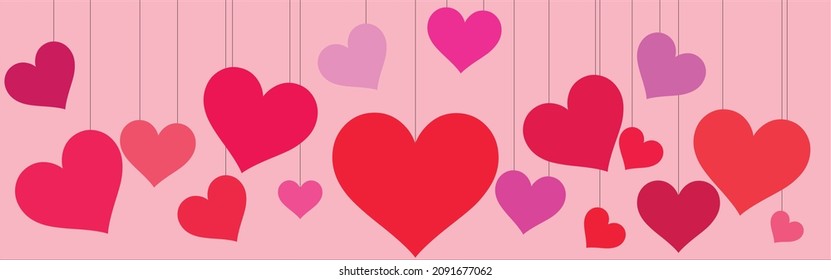 Happy Saint Valentine's day card, horizontal banner with paper cut clouds and holiday objects on pink background. 