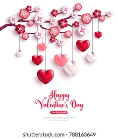 Happy Saint Valentines Day concept. Trees with paper flowers and hanging 3D hearts. Vector illustration.