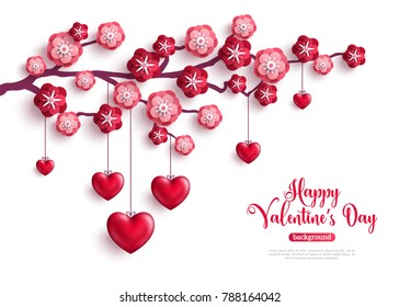 Happy Saint Valentines Day Concept. Tree Branch With Paper Flowers And Hanging 3D Hearts. Vector Illustration.