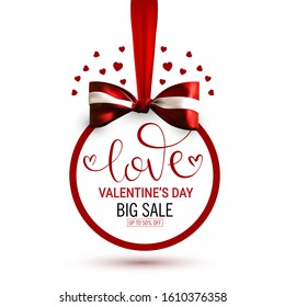 Happy Saint Valentines Day  frame banner with red realistic ribbon and bow.  Valentine's day sale background, poster template. Offer concept design