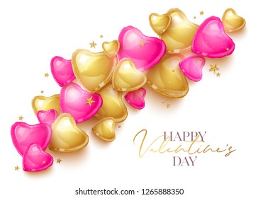 Happy Saint Valentines day greeting card with 3d pink and gold balloon hearts on white background. Vector illustration