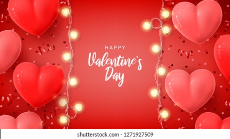 Happy Saint Valentine's Day holiday background. Vector illustration with 3d red and pink air balloons, red serpentine and confetti, glowing garlands with bulbs in the shape of hearts.