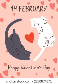 Happy Saint Valentine's day postcard design with cute cats, hearts. 14 February, love romantic holiday, Valentines greeting card with funny adorable kitties sleeping. Flat vector illustration