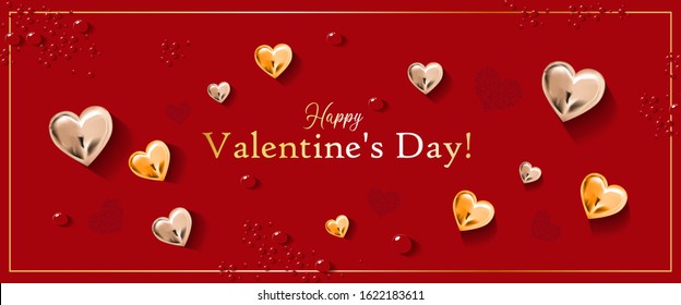 Happy Saint Valentine's Day sale, horizontal border, holiday objects on a red background. Vector illustration of sparkling hearts. Happy Valentine's Day. The 14th of February.