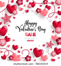 Happy saint valentine's day sale, holiday objects on white background. Vector illustration. Glittering hearts, stars, pearl beads and flowers.