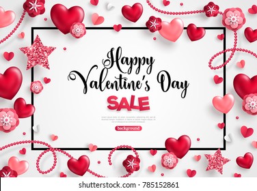 Happy saint valentine's day sale, holiday objects on white background. Vector illustration. Glittering hearts, stars, pearl beads and flowers.