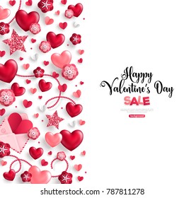 Happy saint valentine's day sale, vertical border, holiday objects on white background. Vector illustration. Glittering hearts, star and flowers.