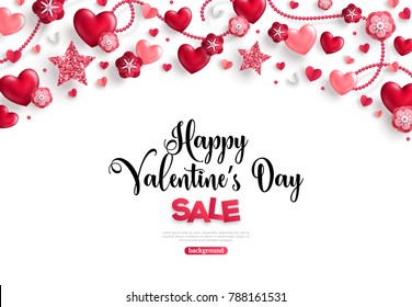 Happy saint valentine's day sale, horizontal border, holiday objects on white background. Vector illustration. Glittering hearts, star and flowers.
