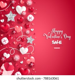 Happy saint valentine's day sale, vertical border, holiday objects on red background. Vector illustration. Glittering heart, star and flowers.