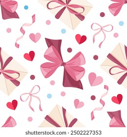 Happy Saint Valentines day seamless pattern vector illustration with gifts, hearts, pink bows and ribbons and colorful confetti. Wrapping paper design to gift boxes or fabric design.