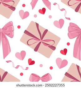 Happy Saint Valentines day seamless pattern vector illustration with gifts, hearts, pink bows and ribbons and colorful confetti. Wrapping paper design to gift boxes or fabric design.