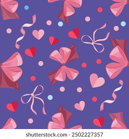 Happy Saint Valentines day seamless pattern vector illustration with gifts, hearts, pink bows and ribbons and colorful confetti. Wrapping paper design to gift boxes or fabric design.